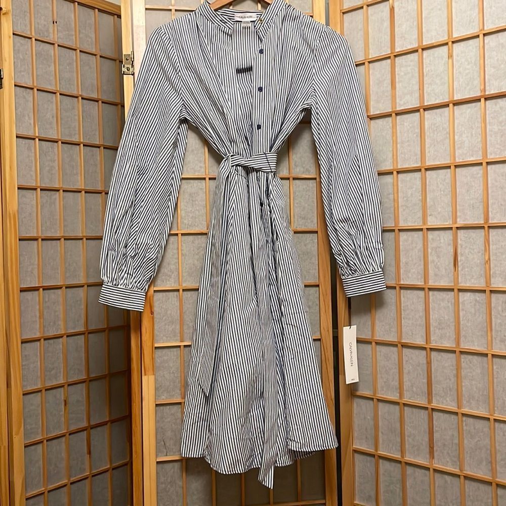 NWT Calvin Klein striped long sleeve button down wrap dress